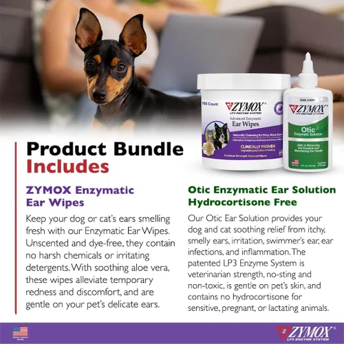 Vista 2 de PET KING BRANDS ZYMOX - Toallitas enzimáticas para oídos y solución ótica sin hidrocortisona para perros y gatos, paquete de producto, para orejas