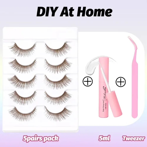 Vista 6 de Veleasha Kit de pestañas marrones con pegamento y pinzas, pestañas de ojo de gato, aspecto natural, pestañas postizas 3D con banda transparente