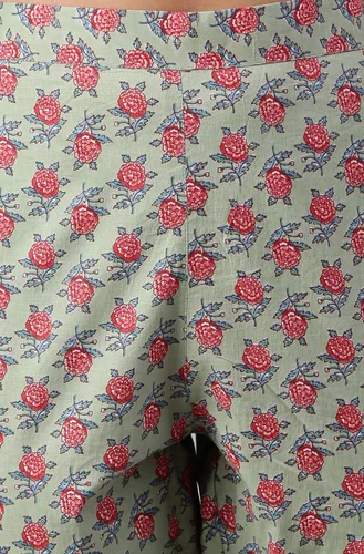 Vista 8 de Janasya Kurta con estampado floral de algodón verde mar para mujer india con pantalón