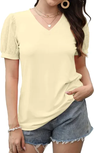 Vista 2 de Camisetas de verano 2023 de manga corta con cuello en V para mujer, camisetas de manga abombada con lunares suizos, camisetas holgadas y casuales