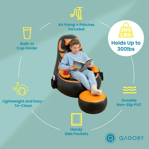 Vista 4 de Silla inflable para juegos para niños, soporta hasta 300 libras, incluye bomba de aire, soporte para tazas, 2 bolsillos, asiento de puf duradero