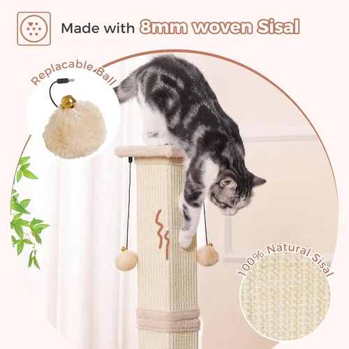 Vista 3 de Poste rascador grande para gatos con base resistente, poste rascador cuadrado resistente de sisal de 33 pulgadas y 2 bolas interactivas para colgar
