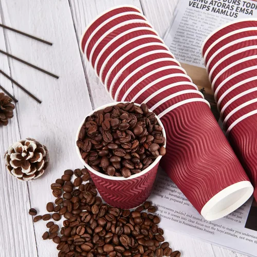 Vista 6 de JollyPack Paquete de 60 tazas de café de papel de 12 onzas, vasos desechables de color rojo vino con pared ondulada aislada para café, té