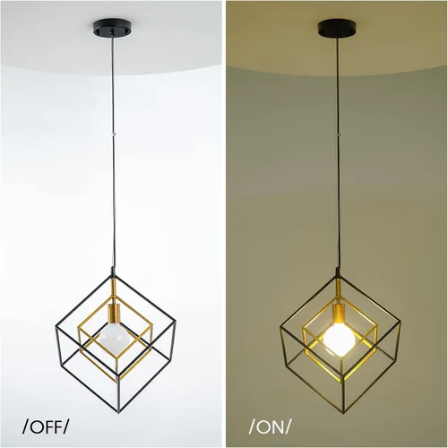 Vista 4 de Lámpara de araña geométrica moderna, lámpara colgante de metal con 1 luz, lámpara de techo colgante de latón negro, iluminación industrial de cubo