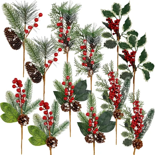 Vista 12 de DR.DUDU Paquete de 12 ramitas de bayas artificiales para decoración de árbol de Navidad, tallos de bayas rojas de Navidad para manualidades