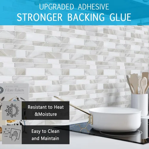 Vista 4 de Vamos Tile 10 azulejos autoadhesivos en lámina para loseta en muro, 12 x 12 pulgadas, diseño de color claro, para loseta en muro de cocina y baño