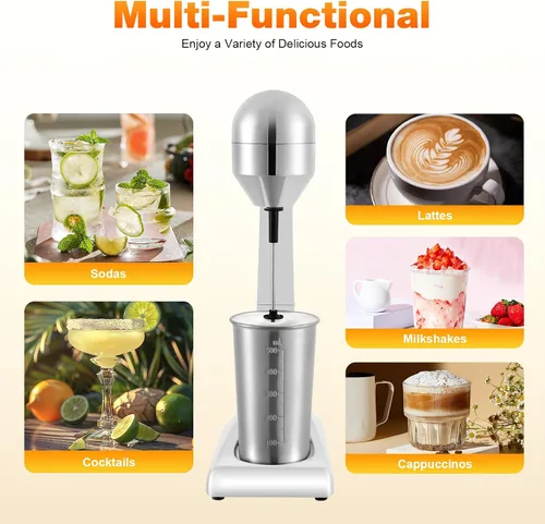 Vista 6 de Mezclador eléctrico de bebidas, mezclador retro y espumador de leche, taza de acero inoxidable de 17.7 fl oz, 2 velocidades (16,000-22,000 RPM)