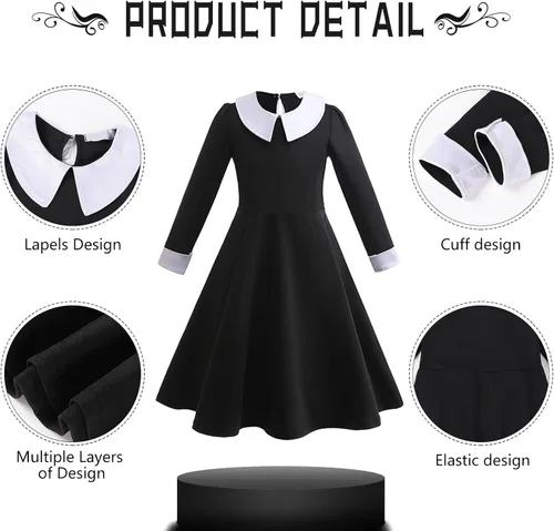 Vista 4 de AmzManch Wednesday Addams Dress Girls Cosplay Addams Family Costume Kids Black Gothic Dresses Halloween Party Dress Up Outfit