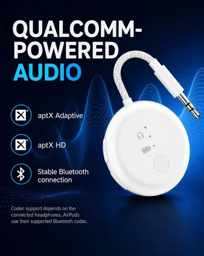 Vista 4 de Avantree SoundJet R1 - Adaptador Bluetooth de avión de 25 horas para todos los AirPods (Pro/Max) con chipset Qualcomm y aptX Adaptive, transmisor