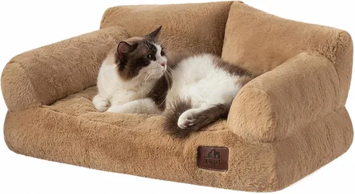 Vista 25 de Hollypet Cama de Felpa Esponjosa para Perros y Gatos, Sofá Cama Suave y Calmante para Gatos y Perros Pequeños y Medianos, Beige