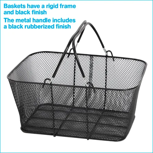 Vista 2 de SSWBasics Cestas de compras de metal negro con soporte y letrero – Juego de 12 – Dimensiones de la cesta 17 pulgadas de ancho x 12 pulgadas