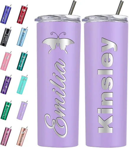 Vista 8 de Vaso personalizado personalizado con nombre grabado y logotipo, vasos delgados personalizados con tapa y pajita, vaso aislado de acero inoxidable