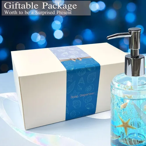 Vista 4 de Dispensador de jabón FONMY con bomba de acrílico con concha marina natural dispensador de jabón de manos hecho a mano para baño, dispensador