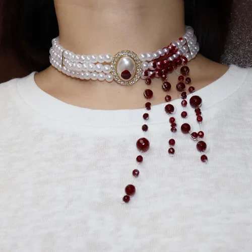 Vista 3 de 3 Layer Necklace for Women, Gothic Imitation-pearls Choker, Bloody Tassels Necklace, Cosplay, Halloween, Horror Jewellery, Dripping Blood Vampire