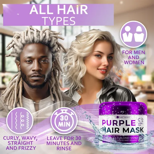 Vista 6 de Mascarilla capilar morada – Acondicionador profundo y tóner para cabello rubio y cobrizo – Reparación hidratante y tratamiento después de la lejía