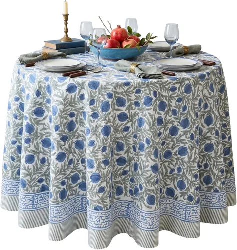 Vista 11 de ATOSII Amalfi - Mantel redondo de verano 100% algodón, estampado en bloques, para comedor, bodas, exteriores, fiestas, I Grand Millenial Farmhouse