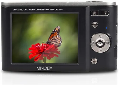 Vista 5 de Minolta MND20 Cámara digital Quad HD de 44 MP / 2.7K (negro) + tarjeta de memoria de 32 GB + trípode flexible de 12 pulgadas + cartera de tarjetas