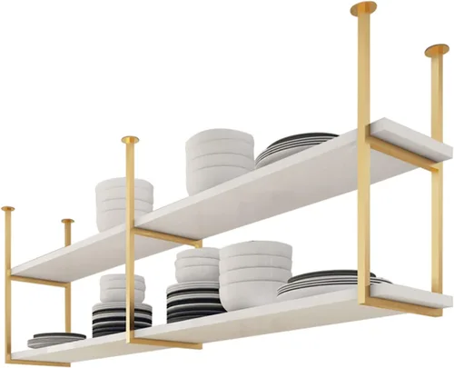 Vista 3 de Shelves Hanging Floating Shelf - Nordic Iron Solid Wood 2 Tier Ceiling Mounted Storage Rack, Bar Restaurant Hanging Decorative Stand With Iron