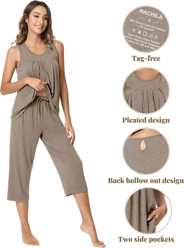 Vista 4 de NACHILA Conjunto de pijama de bambú para mujer, sin mangas, suave, pantalones capri, tallas S-4XL