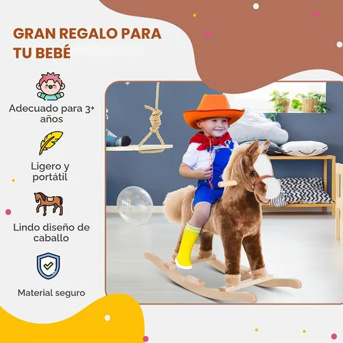 Vista 3 de Qaba Caballo Mecedor para Niños, Mecedora de Peluche para Niños Pequeños, Juguete Montable con Base de Madera y Agarre de Mango, Juguete Tradicional