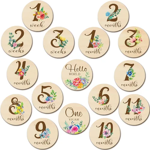 Vista 8 de Tiamon 16 tarjetas mensuales de madera para bebé, discos de marcador de hitos mensuales, círculos de madera de doble cara, letreros de meses