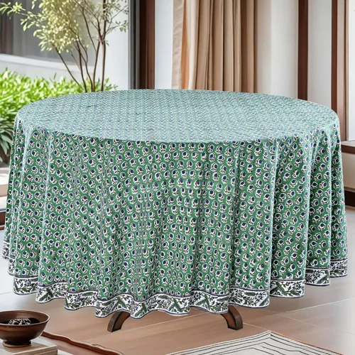 Vista 33 de Mantel redondo con estampado de bloque a mano, 100% algodón, reutilizable, turquesa, verde musgo, 90 pulgadas, mantel decorativo para uso diario