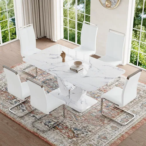 Vista 47 de JUFU Juego de mesa de comedor moderno para 4, juego de mesa de cocina rectangular de 63 pulgadas con mesa de mármol sintético y 4 sillas tapizadas