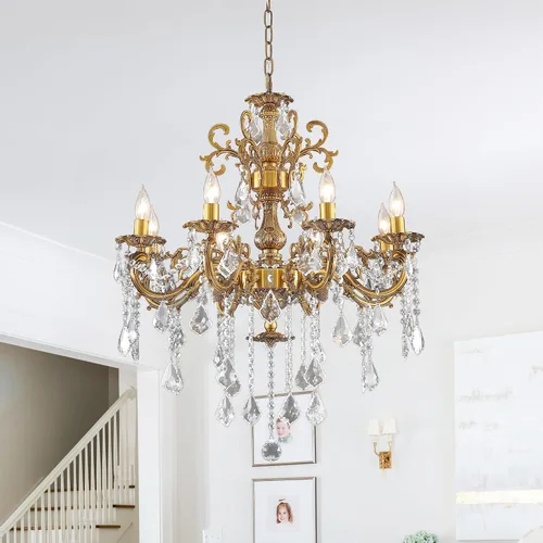 Vista 15 de Candelabros de cristal de bronce antiguo de lujo con lámpara colgante de vela, lámpara de techo de 6 luces de cristal dorado para comedor, sala