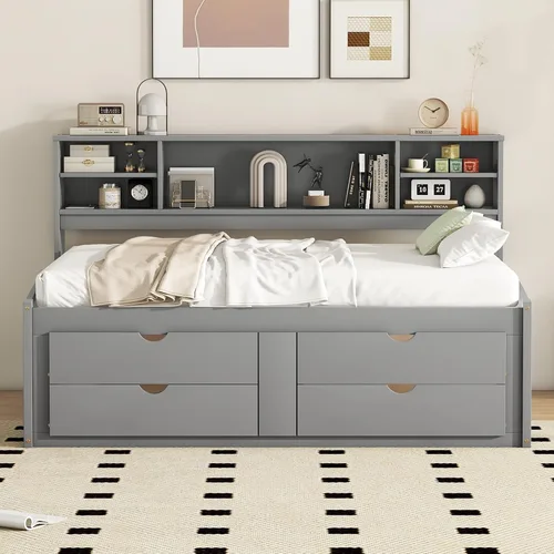 Vista 40 de Sofá cama de madera de tamaño matrimonial con 2 armarios de noche, estantes superiores y 4 cajones, marco de madera resistente, espacio de Marrón