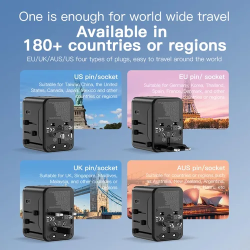 Vista 5 de Adaptador de viaje universal, adaptador de corriente internacional de 30 W y 5 puertos con 3 USB C y 2 USB A de carga rápida, convertidor de enchufe