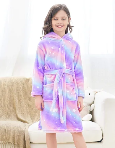 Vista 2 de Doctor Unicorn Suave bata de baño con capucha arcoíris para niñas