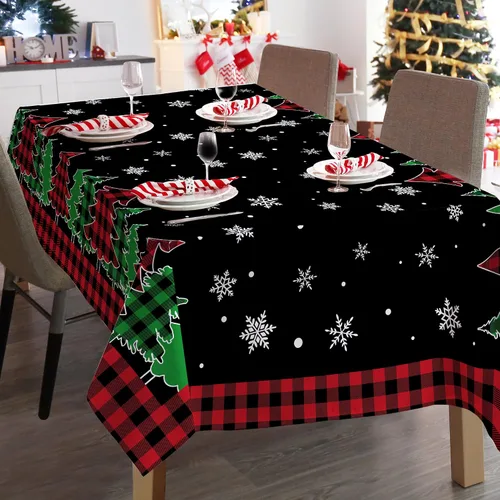 Vista 3 de pinata Manteles de Navidad de 52 x 70 pulgadas, mantel rectangular con diseño de árboles de Navidad, diseño de búfalo negro, a cuadros, oblongos