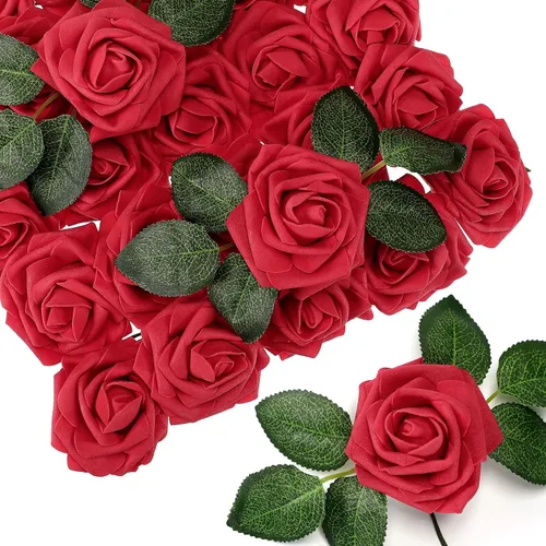 Vista 8 de 150 rosas artificiales a granel, rosas falsas con tallo largo, ramos de flores artificiales para bricolaje, centros de mesa, arreglos de mesa