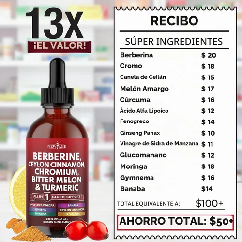 Vista 6 de NEW AGE Berberina con suplemento de canela de Ceilán gotas líquidas + extracto de melón amargo, glucomanano, gimnasia, cromo, cúrcuma, panax
