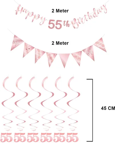 Vista 3 de BRT Bearingshui Kit de decoración de cumpleaños número 55, pancarta de feliz cumpleaños, bandera triangular, oro rosa