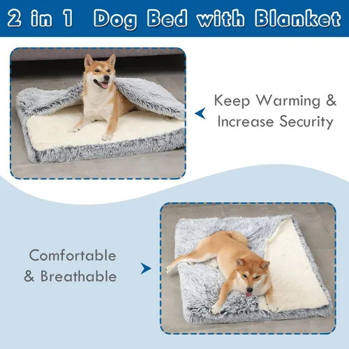 Vista 2 de Cama para perro con cueva de cubierta, cama ortopédica para perro con manta, 33.5 x 27.6 pulgadas, jaula rectangular para mascotas, tapete acogedor