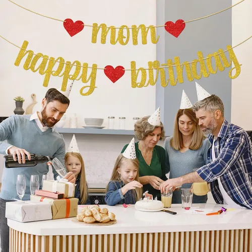 Vista 7 de Cartel de feliz cumpleaños con texto en inglés "Mom Happy Birthday", decoraciones para fiesta de cumpleaños de las mujeres, suministros de fiesta