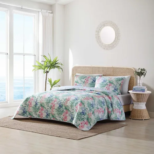 Vista 7 de Tommy Bahama - Juego de edredón tamaño Queen, ropa de cama reversible de algodón costero con fundas a juego, juego de ropa de cama botánica colorido
