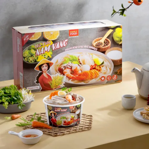 Vista 7 de SIMPLY FOOD Fideos instantáneos de arroz Phnom Penh (H Tiếu Nam Vang) – 9 tazones/2.65 oz cada uno – Deliciosos, finos, planos, fideos de arroz