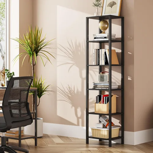 Vista 16 de TUTOTAK Estantería para libros de 4 niveles, estantería estrecha para espacios pequeños, estantería apilable de bricolaje, para sala de estar Negro