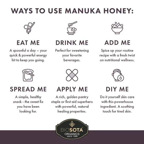 Vista 4 de BIOSOTA Miel de Manuka orgánica MGO 1200+ - Miel de Manuka de grado médico de Australia NPA/ULF 25+, miel pura 100% cruda sin calentar, 8.8 oz