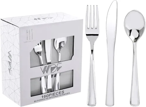 Vista 20 de WDF 100 cucharas de plástico plateadas desechables, cubiertos de plata barrocos de 6.93 pulgadas para pastel de postre, cucharas de plástico