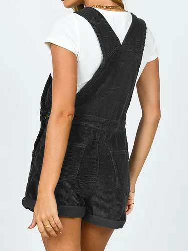 Vista 5 de Pantalones cortos de mezclilla con tirantes para mujer, overoles con bolsillo frontal, overol corto casual