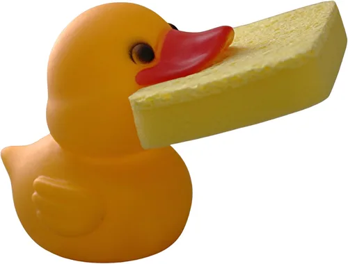 Vista 7 de Soporte con forma de animal para esponja de cocina, rana o pato a elección, con esponja, pato amarillo