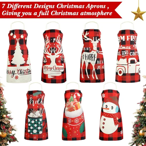 Vista 3 de Zhanmai 7 delantales de Navidad para mujeres y hombres, delantales de Navidad a cuadros rojos y negros, delantales de Navidad ajustables