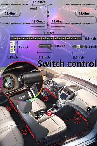 Vista 2 de Luces interiores de automóvil RGB Muto-Beam 4 tiras de luz LED multicolor para automóvil con control de aplicación, luces RGB con modo de bricolaje