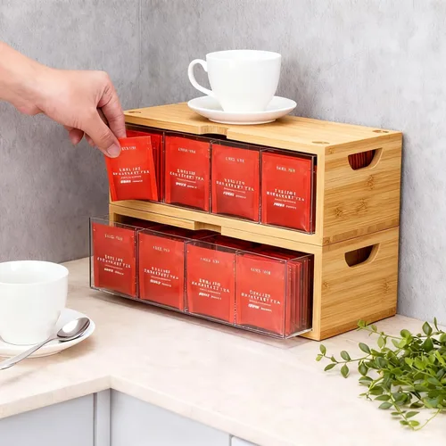 Vista 4 de Organizador apilable de bambú para bolsitas de té, 2 piezas Gran capacidad, juego de cajas Natural