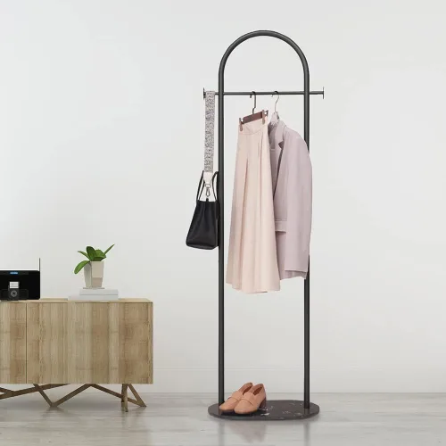 Vista 2 de Perchero de metal con base de mármol, moderno perchero para dormitorio, perchero de pie, resistente, para bolsa, sombrero, bufanda, chaqueta, negro