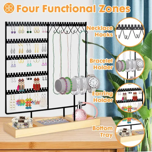 Vista 4 de Barelove Soporte organizador de joyas, estante de metal de 5 niveles para aretes con pantalla de 108 agujeros, 12 ganchos para collares, torre