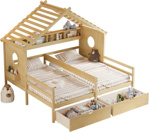 Vista 8 de Cama de plataforma de casa tamaño individual con estantería y cajones de Natural